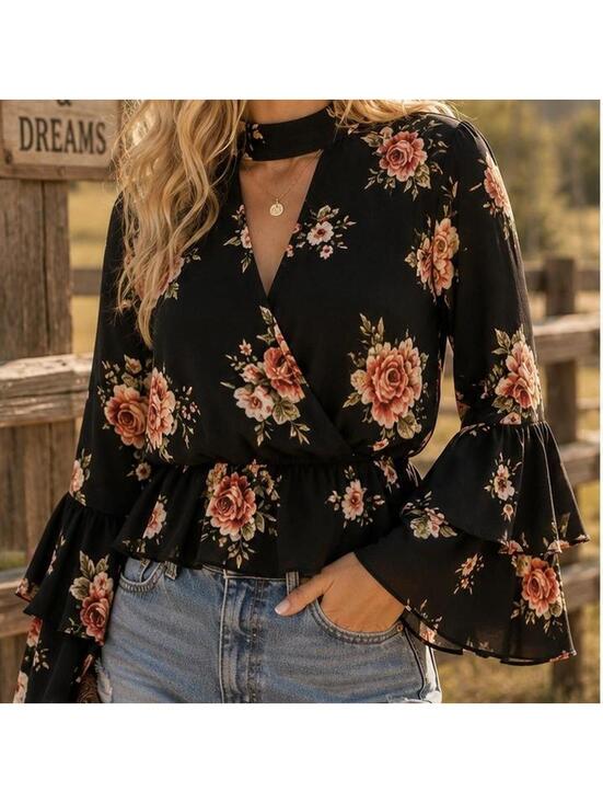 Tops - Black Floral Choker Neck Blouse with Bell Sleeves – Size S